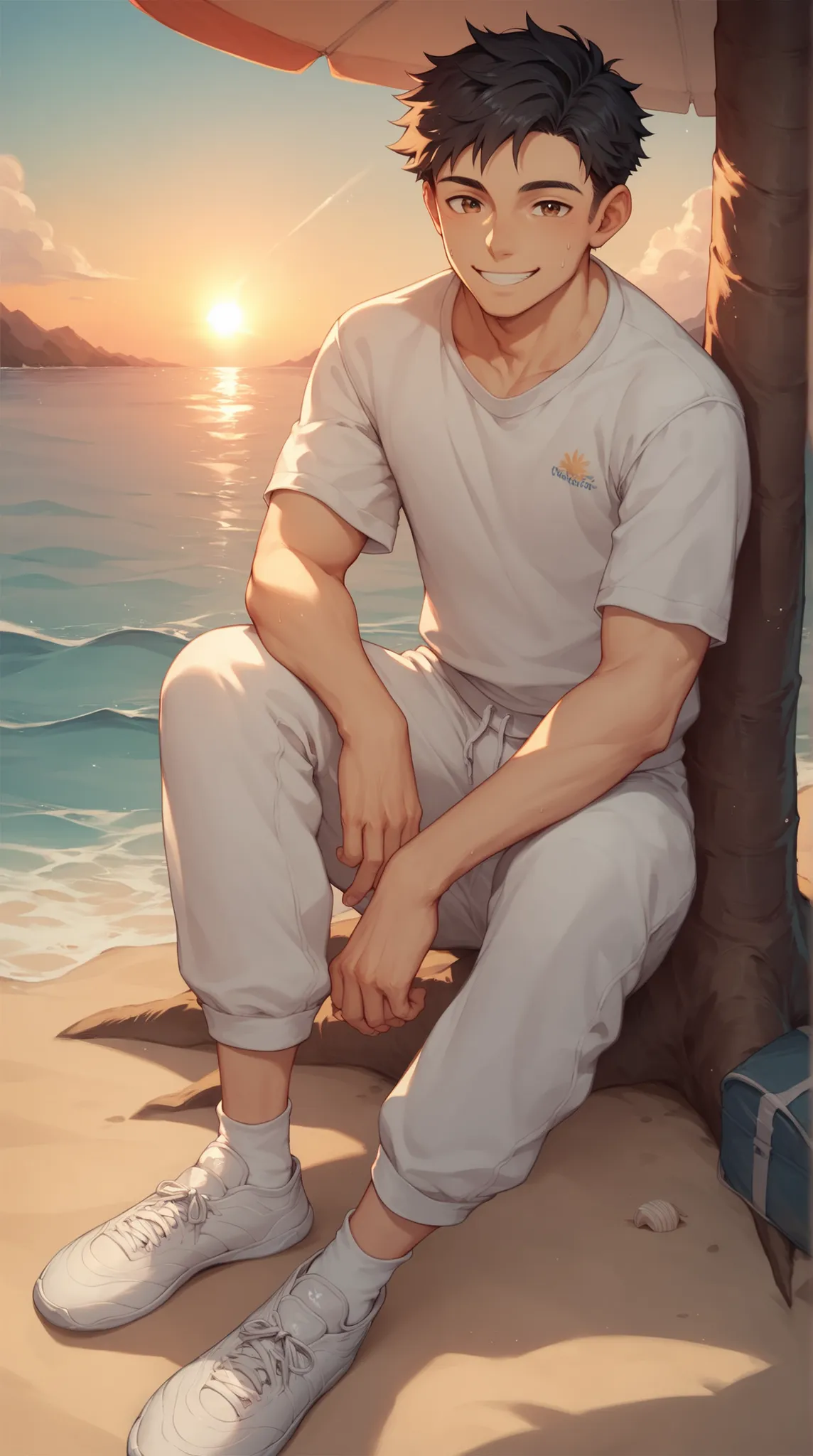 a handsome boy,Black Hair，warm brown eyes， white short sleeve，Sweatpants，seaside，Sunset,Sitting under a tree， There is a light yellow stain on the bottom of the white socks ，Smile，(( only one person))