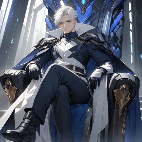 High resolution, high quality, HD, male, handsome male, extremely handsome, white hair, dark blue eyes, expressionless, arrogant, futuristic uniform with cape and pants, black boots and gloves, futuristic belt, sitting on a throne