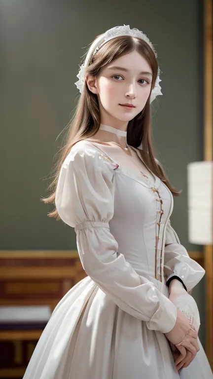 Florence Nightingale, (Ballet Costumes), chair, smiles at the camera,   white formal shirt, Loose color buttons, length, Loose hair, (delicate illustration: 1.4), (renaissance art: 1.4), ( Ultra High Resolution : 1.2), (photorealism: 1.4), (8k, RAW photo: ...