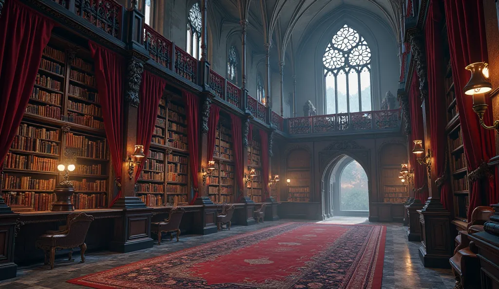 A gothic-style library with towering shelves, deep red velvet curtains drawn back to reveal moonlight streaming through arched windows, with books neatly in place and no signs of recent reading.
