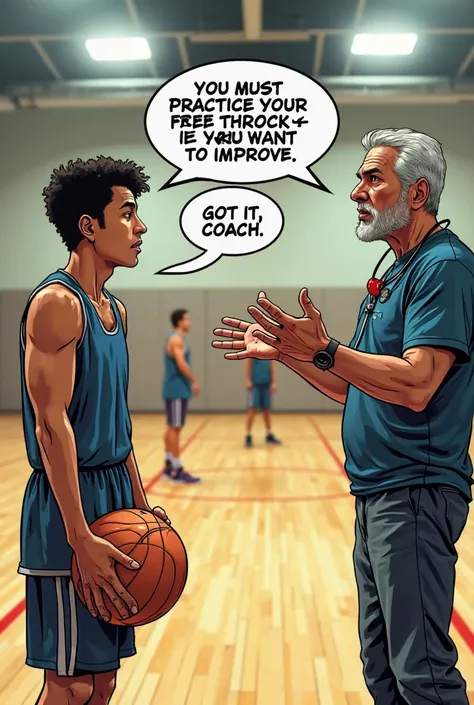 Create a comic book-style scene of Juan at basketball practice, standing on the court under bright gym lights. He is sweating slightly, holding a basketball, and listening intently to his coach. The coach, a middle-aged man with a whistle around his neck, ...