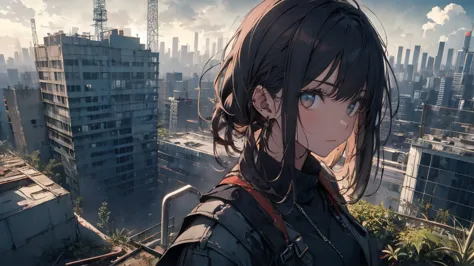 1 girl on the rooftop of an abandoned city, (((upper body))), (((face close up))), at an angle, high angle, fence on the rooftop, ((((plants and tallgrass covering buildings)))), post-apocalyptic, rusty pipes, metal frames and mechanisms mixed with buildin...