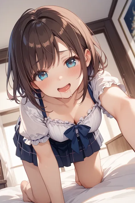 Young Kizuna Ai、dark brown hair color、blouse、skirt、blush、bed、Chest、Love juice、on all fours、low angle、head、front、Turn your face over here and look down、facial hyper-door、Reach over here with one hand、 before my husband、drooling 