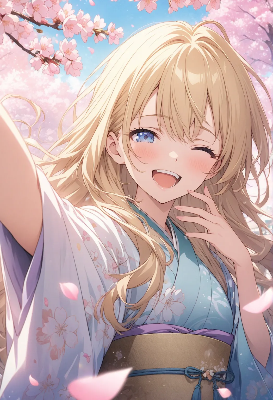 masterpiece, highest quality, Highly Detailed CG Unity 8k Wallpaper, 20 year old girl anime illustration. Attractive Poses、Close your eyes、is opening its mouth, smile.  The background is a pastel-colored landscape,  Blonde Color ,long hair、hair fluttering ...