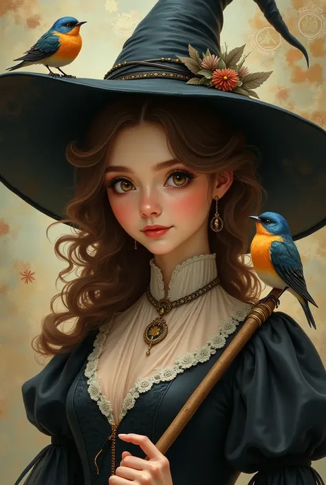 (masterpiece、 highest quality)、((Sophisticated Witch１people、(There's a cute micro witch bird on her shoulder、Convivial atmosphere)、 (One Hand Touching a Little Bird、brown wavy hair  )、( Clear Rose Eyes、Delicate pupils、 Perfect Face、 reflection)、(She and th...