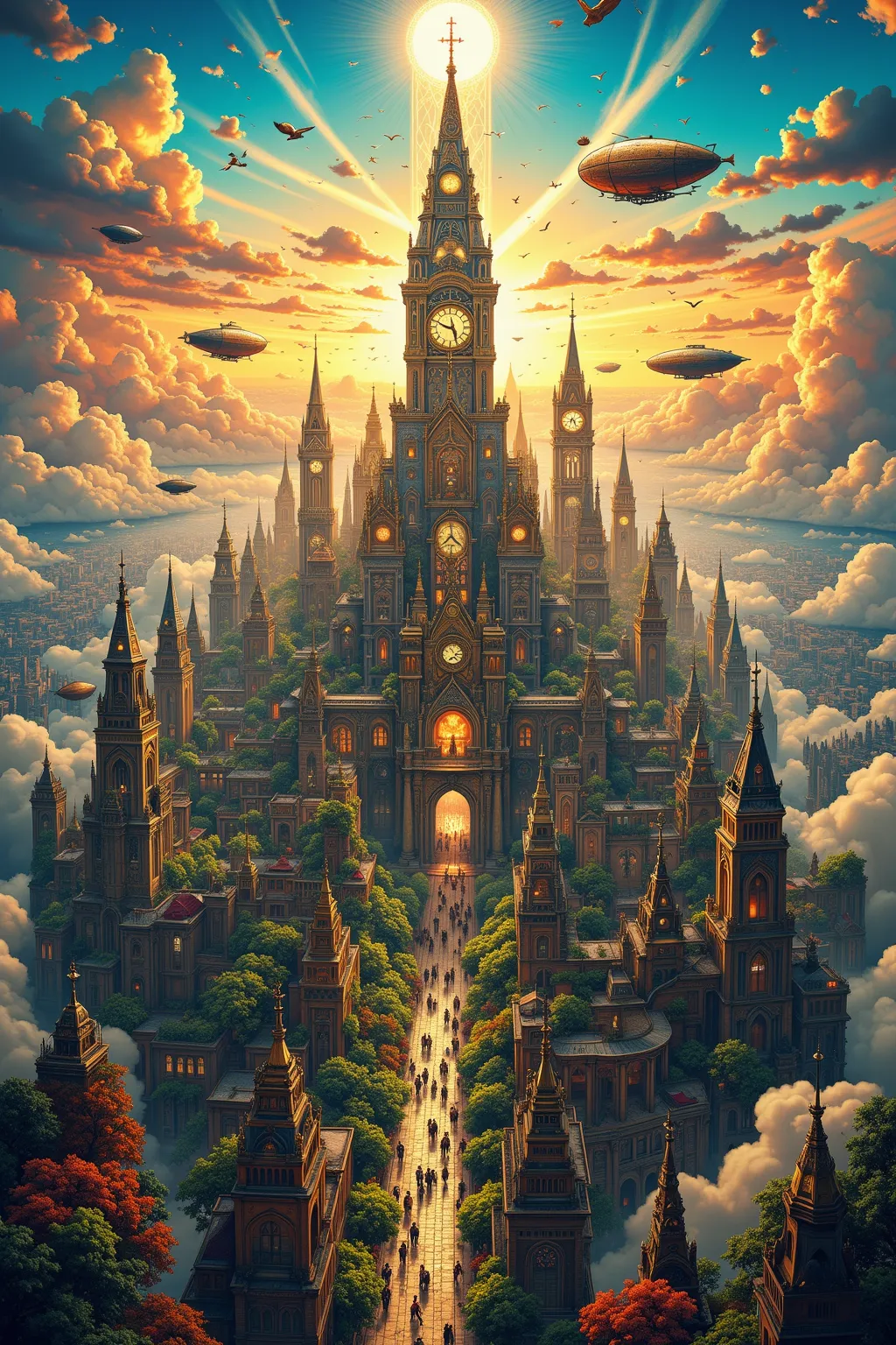 Within the wide canopy of an endless azure sky, where the vibrant hues of sunset paint streaks of gold and crimson across the heavens, there lies a dreamlike vision of human ingenuity and wonder. (The floating fortress city, a sprawling marvel of steampunk...