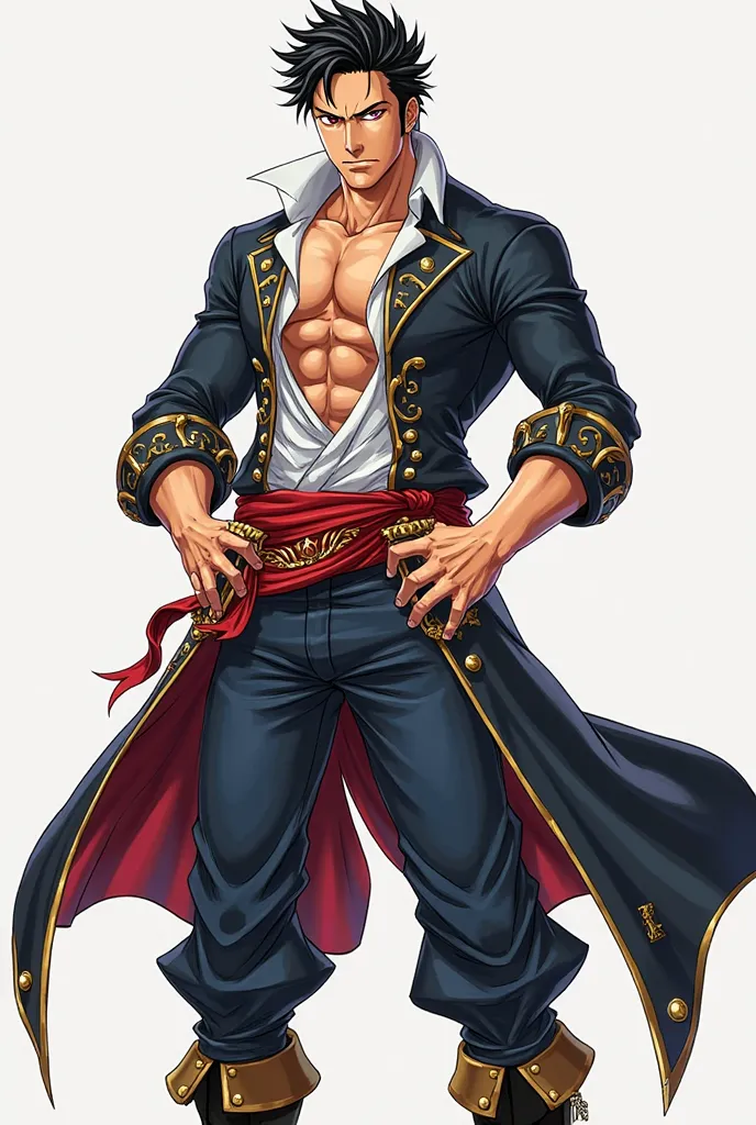 Create an ANIME ONE PIECE STYLE image of a man in his 20s with big shoulders, muscular and tall with almost pale white skin, black hair with curlers, dark brown eyes and a pirate outfit 