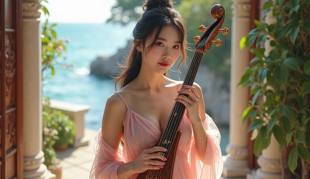 sexy big breast , young Chinese lady , she wears light pink thin dress , plays Guzheng by the villa sea. realistic. HDR.