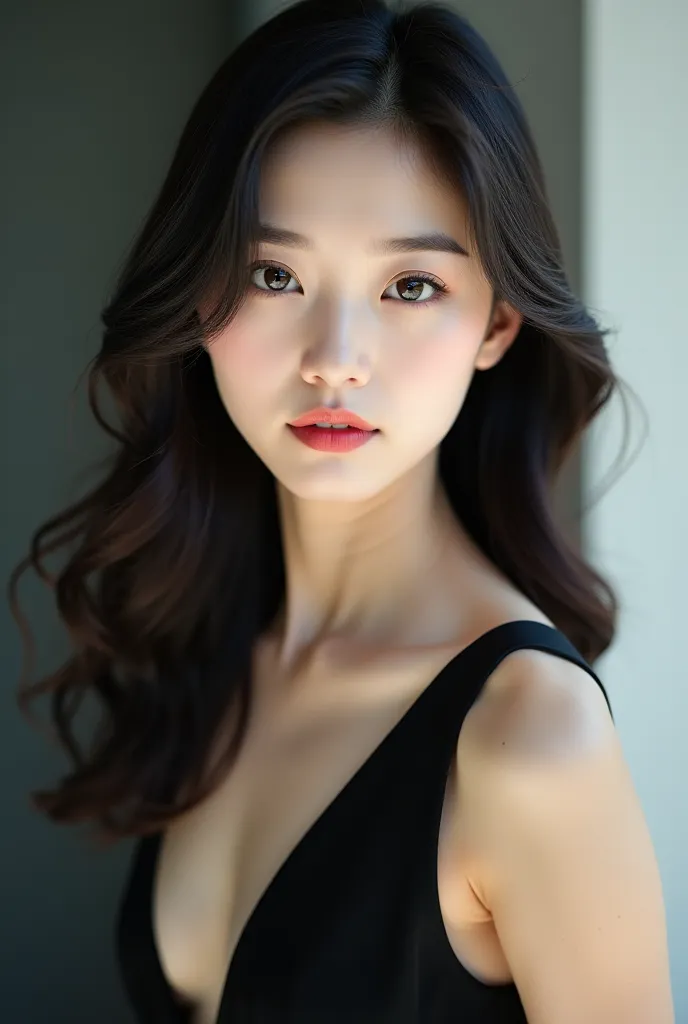 A Korean woman with wavy hair and a black dress. Realistic photo 