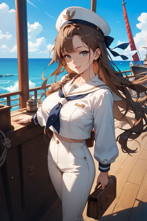 standing on the deck of a ship with the ocean in the background
Beautiful girl with big breasts。Brown hair with semi-long hair fluttering in the wind。
wearing a white sailor suit, slacks, pants, and a hat