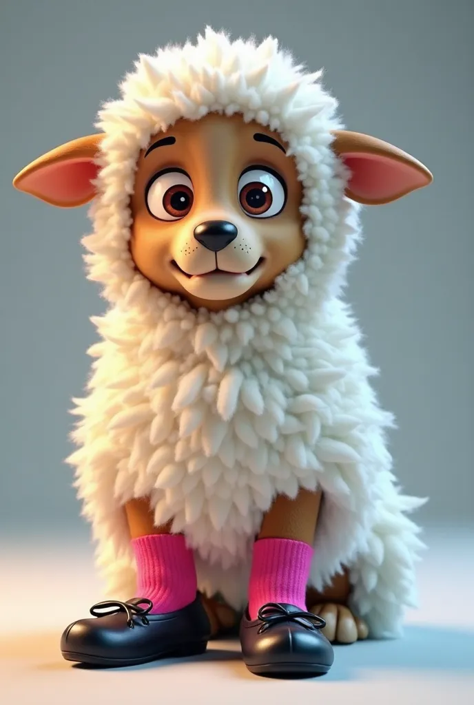 Rocky from paw patrol wearing a white sheep costume covering his entire body and wearing pink socks with black tap shoes on his feet.  