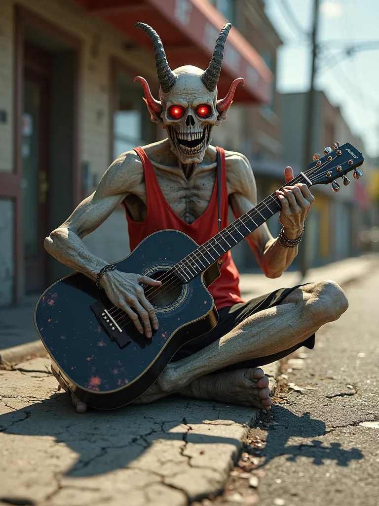 There is a demon with a skull-like face and terrifying glowing red eyes, sitting on the street in front of an abandoned bar on a sunny day. He is wearing a red tank top with wide armholes and thin straps, strumming a black acoustic guitar.