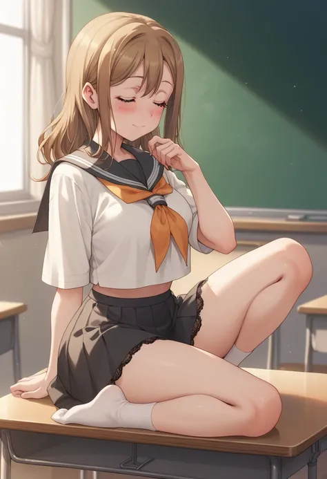 A full body image of Hanamaru Kunikida blushing with her eyes closed wearing a Sailor fuko and black lace panties in a classroom.