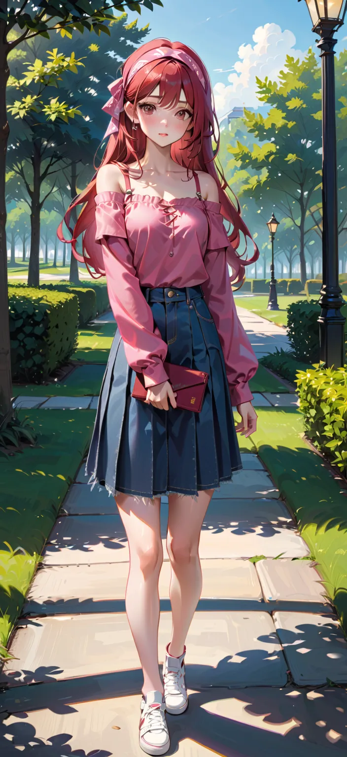 pretty woman, walking along public park, holding a smartphone, BREAK, ( dark-pink long hair, half updo, (pink gypsy head scarf)), BREAK, ((reddish-brown long sleeves off-shoulder, pink top straps)), (dark-blue denim pencil mini skirt with pleated hem), whi...