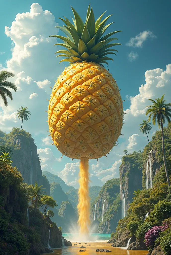 "A fantasy island shaped like a giant floating pineapple, with waterfalls of mango juice and palm trees growing grapes."
