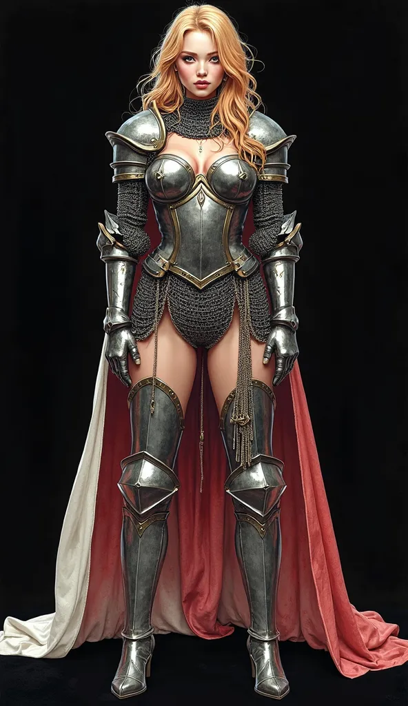 hyper realistic ,best quality,sexy,nice body,  watercolor drawing, masterpiece, detailed, warrior girl, random haircut, random color hair, chainmail,knight armor, armor, plate high heel boots, huge breasts, perfect face, beautiful face, fantasy, ((full bod...