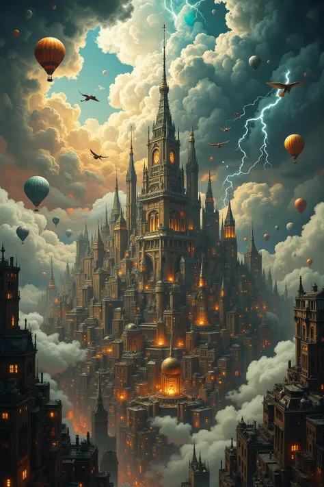 A tempestuous midday view overlooking an orbiting steampunk metropolis chained to cumulonimbus anvils, (gothic ironwork spires crackling with ball lightning, suspended copper foundries raining molten droplets that solidify into metallic hailstones). Compos...