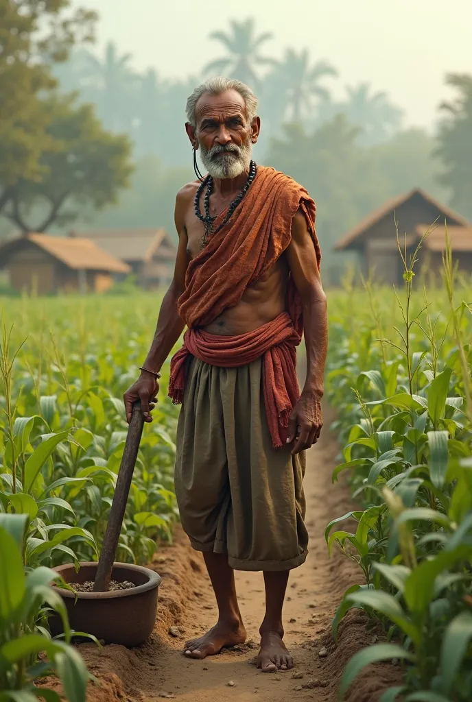 A poor Indian farmer named Gopal standing in his small field with a plow and some crops. He looks determined but tired. In the background, a simple rural village with small huts and trees is visible."