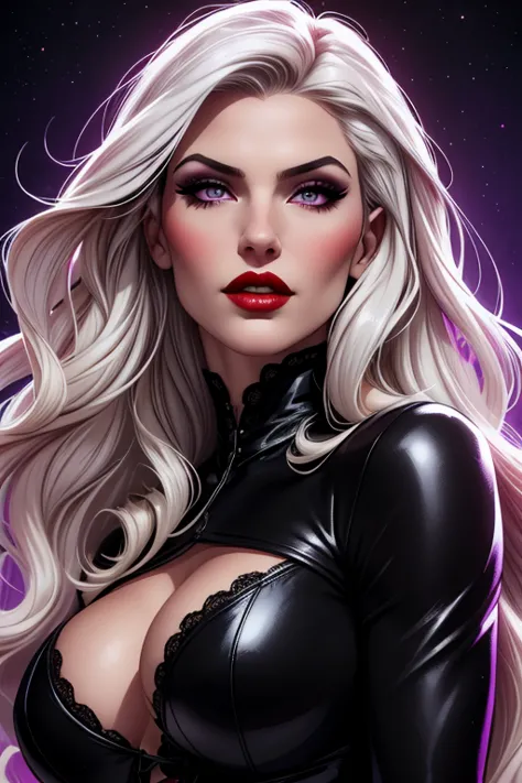 A waist-up portrait of a beautiful Caucasian female vampire/witch whose facial features are a combo of Juliana Harkavy + Kelly Brook + Ruby Rose + Ivy Levan. She has pale skin. She sports long and wavy white hair. She has purple eyes. She wears a black cor...