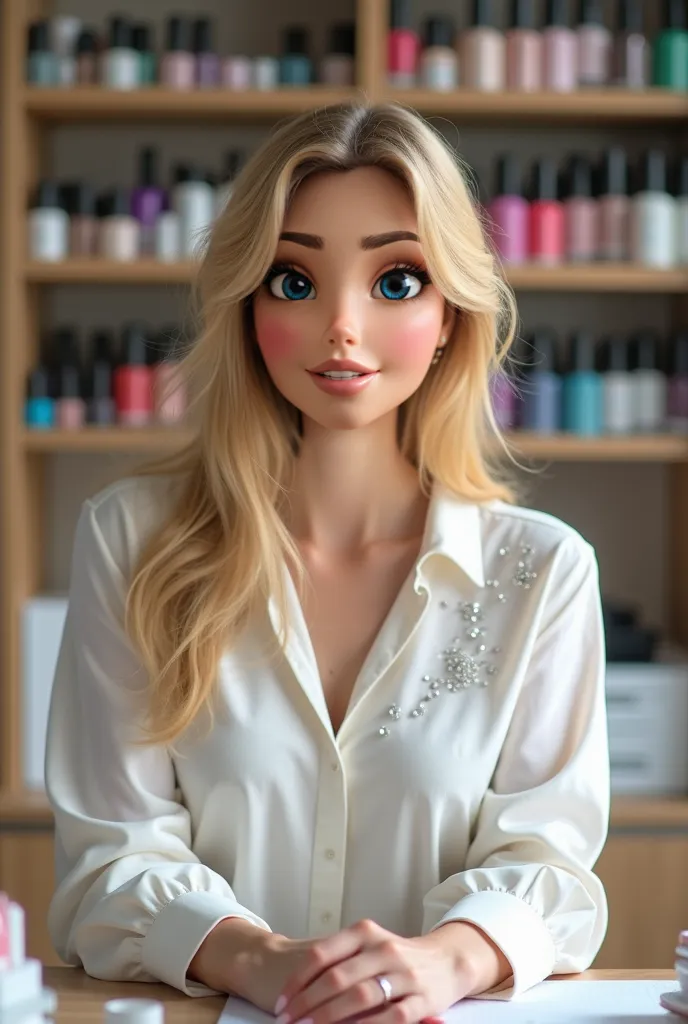 Beautiful blond girl with blue eyes, sitting in front of a desk. While working because she is a manicure. Behind her are shelves with nail polishes. She is wearing a white blouse with sparkles