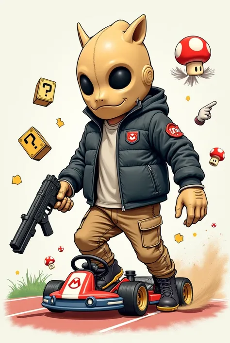 걸작. A cute age male is wearing a beige hiphop mask, a black jacket top and tactical cargo pants, and holds a futuristic gun in his left hand. hand drawing style image. he is driving a Mario cart, and enemies are pointing and chasing him behind him.. Mario ...