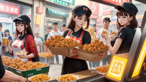 Generate a realistic style image based on the composition，The fried chicken shop sign in the picture was changed to “Jiguang Fragrant Chicken”，realistic or surreal style，The picture shows that a fried chicken shop called “Jiguang Fragrant Chicken” is boomi...