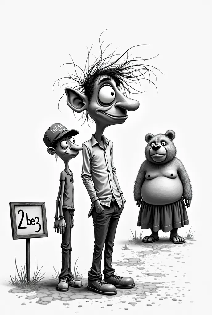 Caricature en noir et blanc 
Un homme avec un énorme œil blanc et un petit œil brun et une queue de cheveux et  Un deuxieme vieux homme maigre avec une casquette. Un ours obèse avec une jupe. Un panneau avec écrit dessus 2be3 