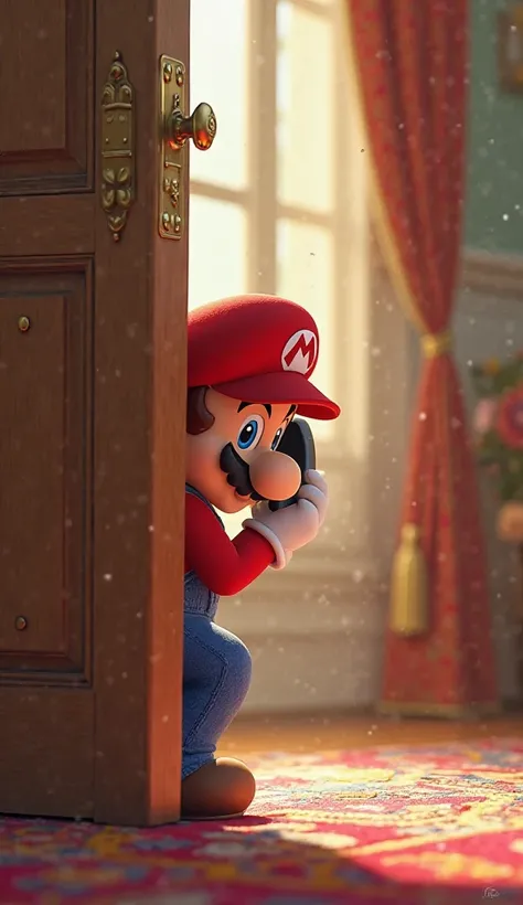 Mario is hiding behind door and watching silenty from door and calling phone and room is bright beautiful