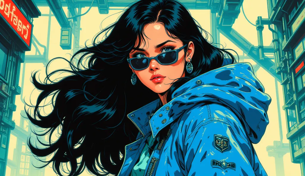 long-haired woman with sunglasses,  blue jacket, retro anime,