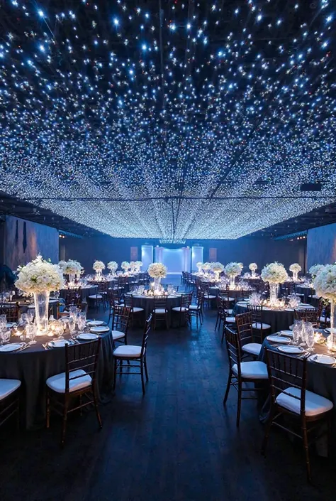 a dazzling event room with an impressive and sophisticated decoration. The ceiling is covered with LED lights that create a magical visual effect, evoking a starry sky with undulating patterns that seem to move subtly. The tables are dressed in dark tablec...