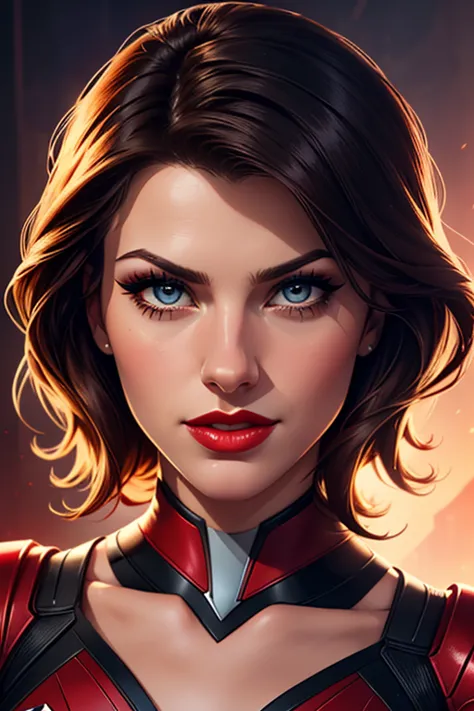 A waist-up portrait of a beautiful female whose face combines features of Ruby Rose + Melissa Benoist. The female has lovely makeup on her face. The female wears red lipstick. Glamour photography aesthetic. Comic-style realism animation mixed with digital ...