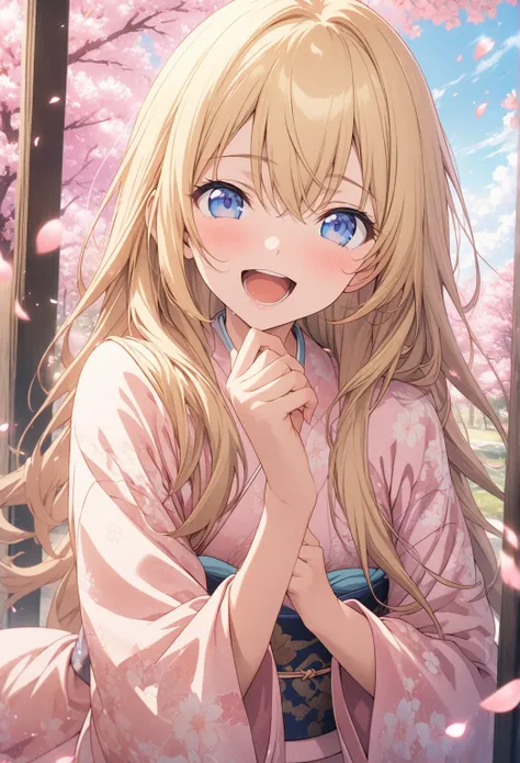 masterpiece, highest quality, Highly Detailed CG Unity 8k Wallpaper, 20 year old girl anime illustration. Attractive Poses、Close your eyes、is opening its mouth, smile.  The background is a pastel-colored landscape,  Blonde Color ,long hair、hair fluttering ...