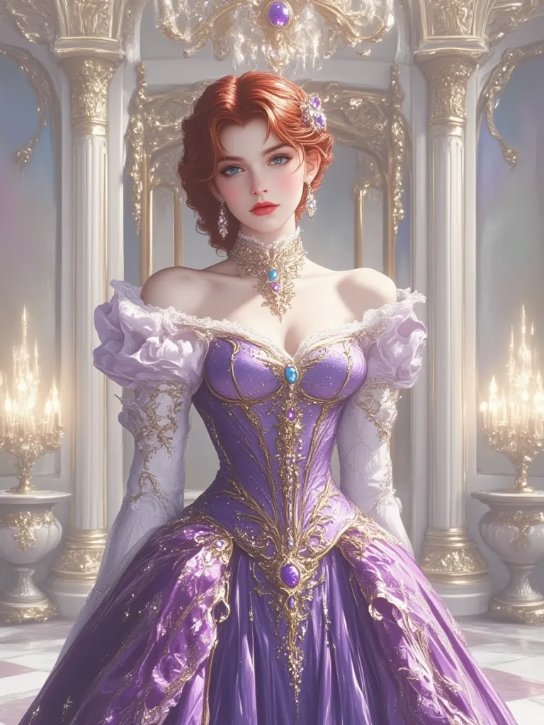 FULL BODY PHOTO OF AN EXTREMELY BEAUTIFUL WOMAN WITH European features ((Arabic))  characteristics , Red-haired hair TIED UP IN A VICTORIAN HAIRSTYLE WITH PEARL ORNAMENTS, GREEN EYES THAT SHINE, blushing cheeks, shiny skin, white skin, big breasts,  Curves...