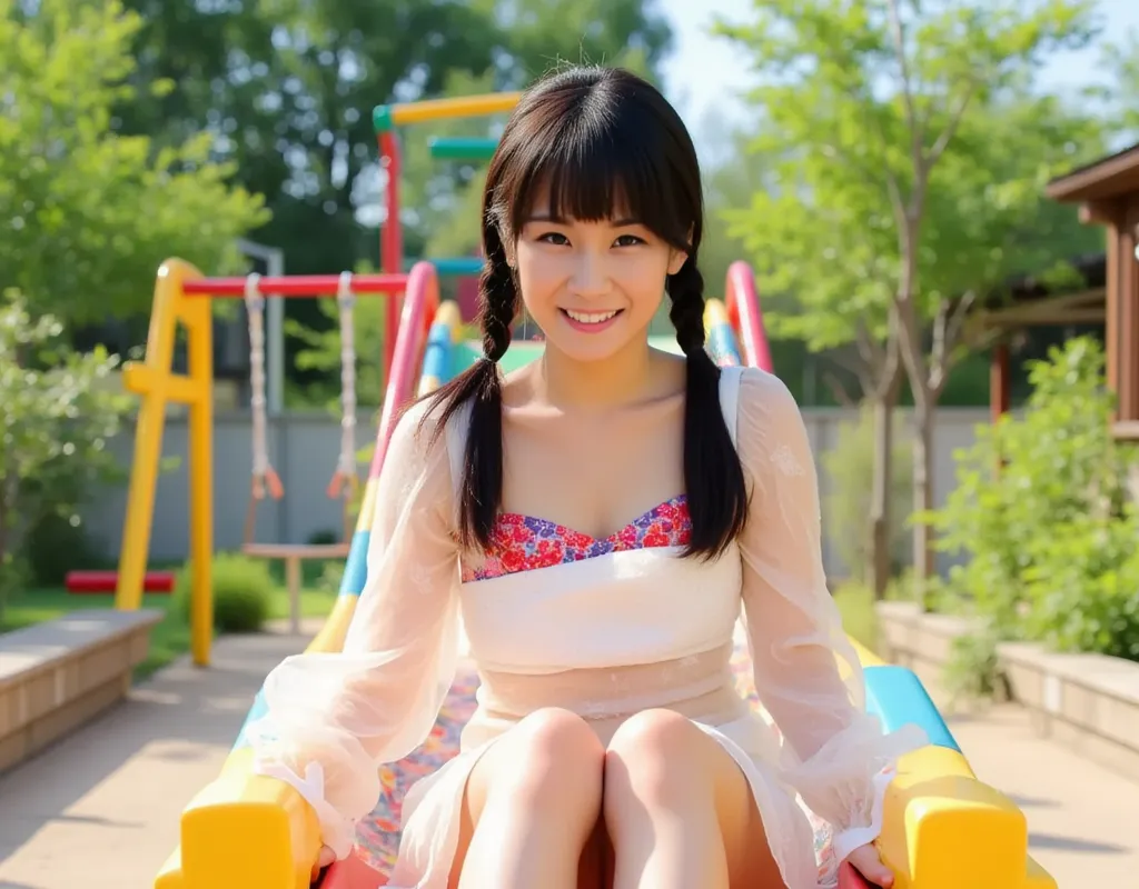 すべり台をSliding、Very Detailed Cute Girl、20 years old、（Under the skirt）、（（ponytails for beautiful people））、Very Detailed Cute Girl、20 years old、Japanese女性。garden、smile、full body shot、Normal Breast、full body shot、cowboy shot、Japanese、full body shot、full body sh...