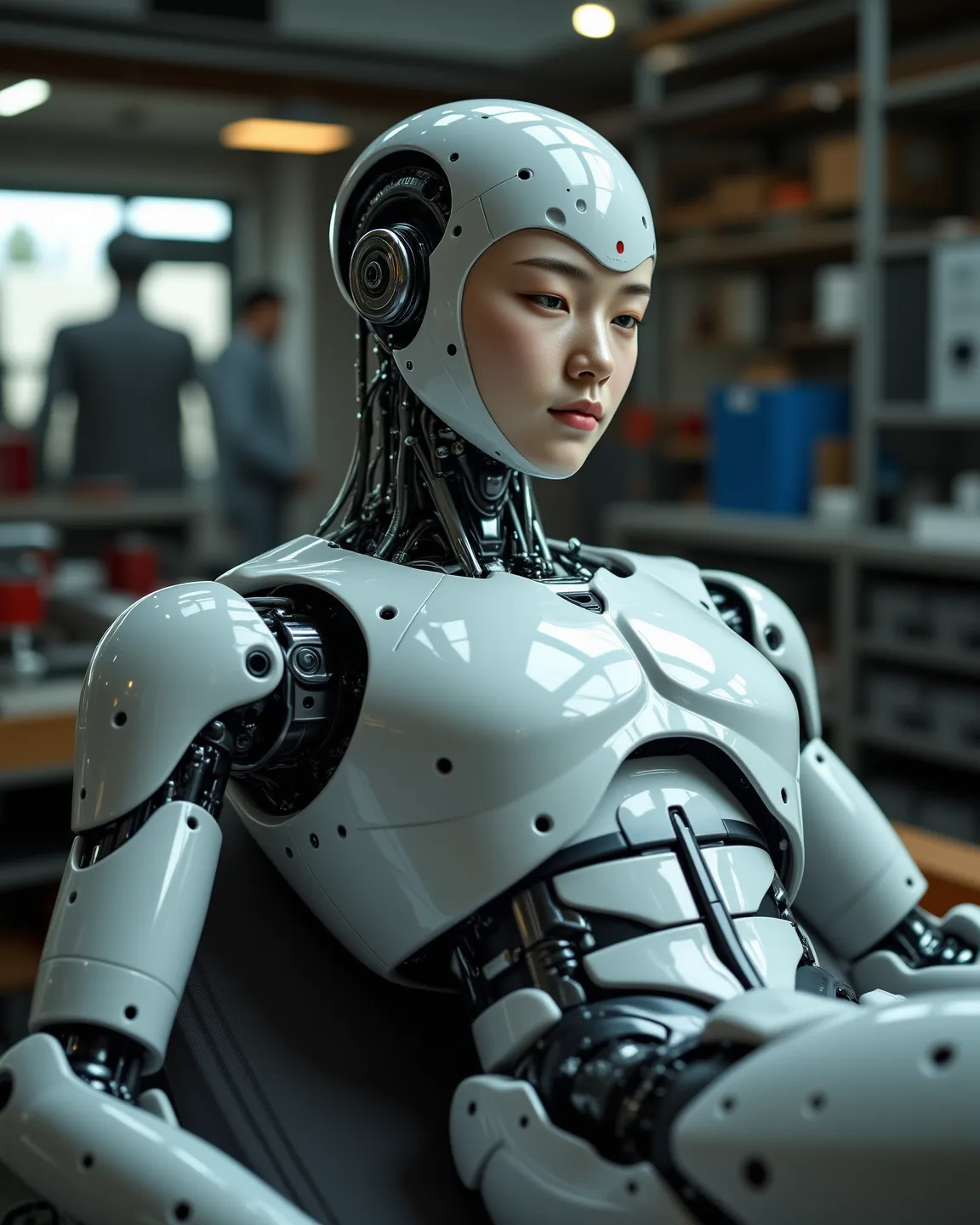 A handsome South Korean male college student is transformed into a humanoid robot，Robot lying flat on workbench，Robotic Arm Welding，Human Face，8 abdominal muscles ，Chest muscles，Human Skin ，with pain，Assembled thighs，（baby face）