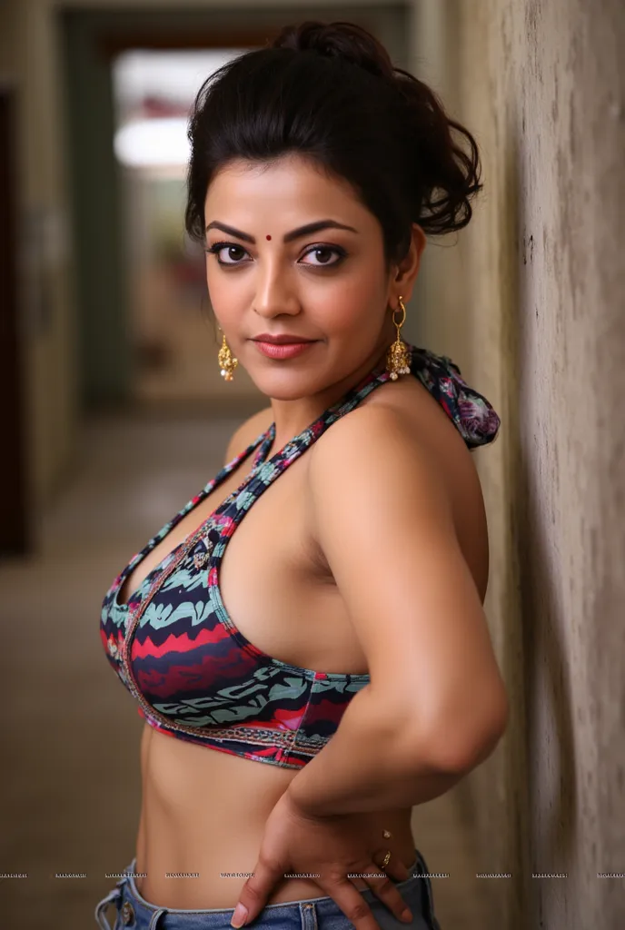 beautiful stunning sexyy chubby bollywood actress Kajal Aggarwal as big bosom village thick woman , Wearing colorful transparent see through nudes bra and short blue jeans , both arms above the shoulder , showing Armpit , seductive pose , lickingg arms , b...