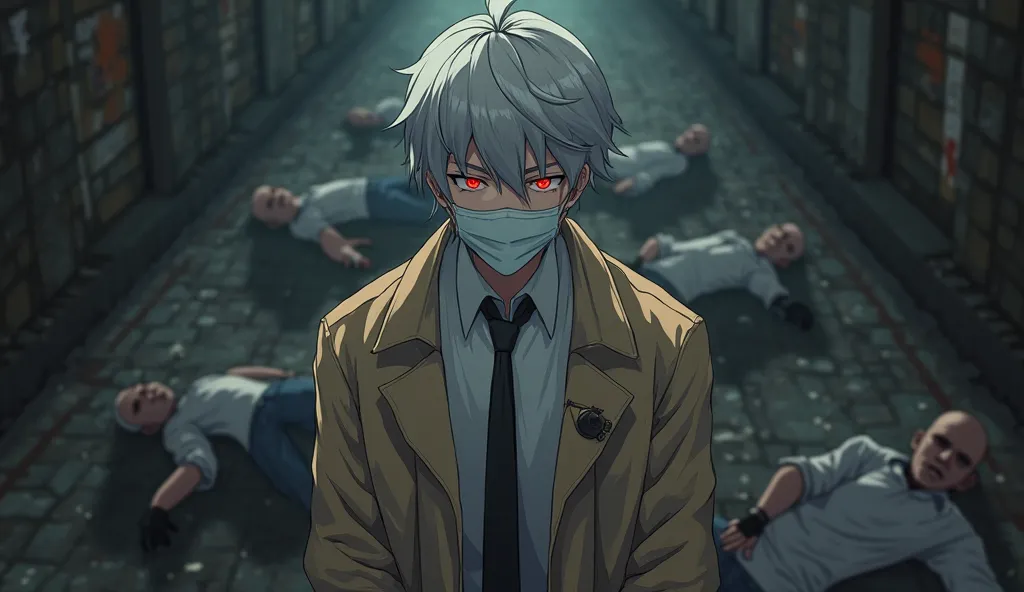 anime art dark tones. 20-year-old guy pumped up body folding,  light gray hair on his right side , white medical mask on the face,
 red-glowing eyes, he is wearing a light brown coat that is not fastened, under a raincoat 
white and black tie shirt and bla...