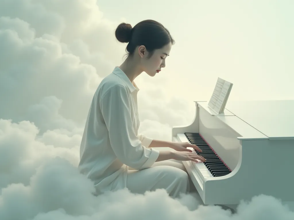 ， closed lips ，Sitting on the clouds，Clean background，Playing the piano