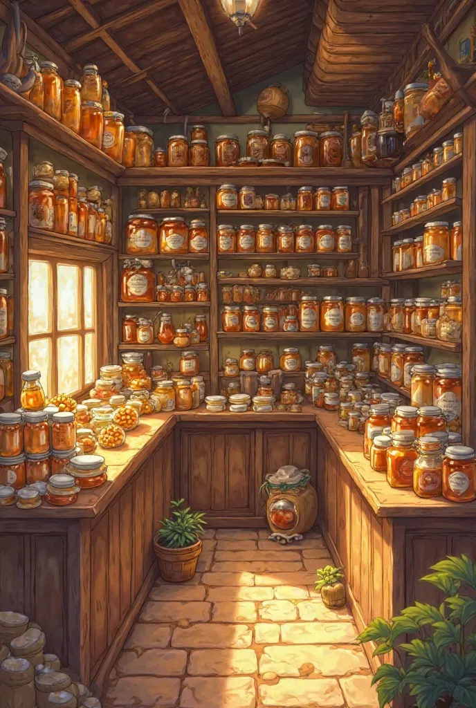 Hoeny store with jars named mato's honey in the selves 