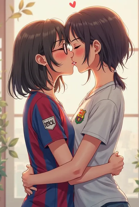 Girl with semi-short hair wearing glasses and a Barcelona shirt kissing on the lips with a girl with a ponytail hairstyle wearing Benfica t-shirts anime version