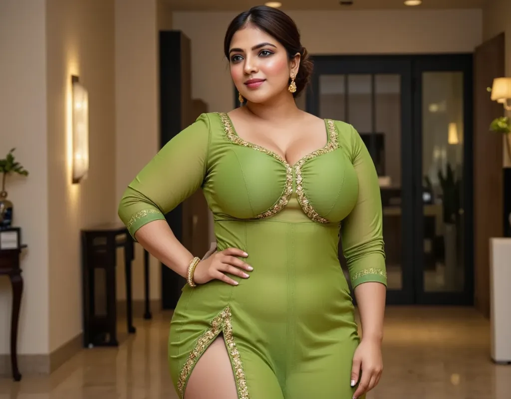 I am 40 year old plus size tall and indian muslim women, looking like indian actress hansika motwani, wearing a greenish short length side slit open tight kurti ,and matching cut short length capri leggings ,golden nose rings,nose stud, anklet,hanging ear ...