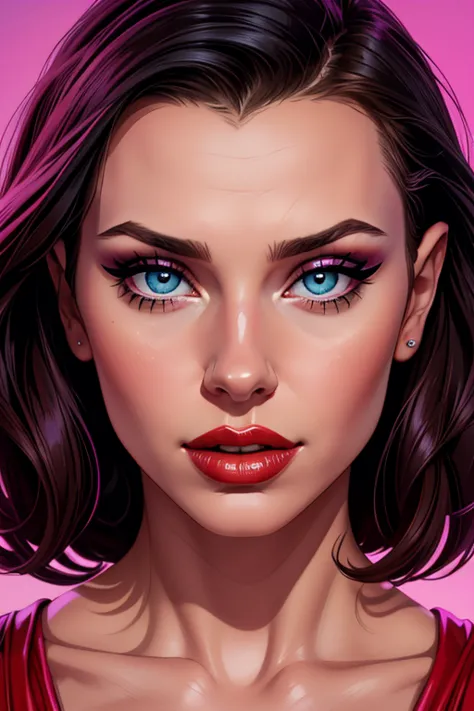 A portrait of a beautiful female whose face combines features of Millie Bobby Brown + Pamela Anderson. The female has lovely makeup on her face. The female wears bold red lipstick. The female wears smokey eyeshadow. Glamour photography aesthetic. Comic-sty...