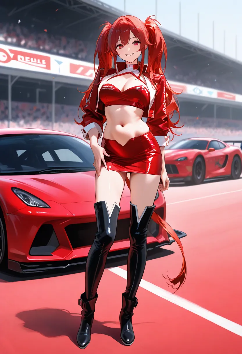 race queen,full body,tight skirt,Belly button exposed,jacket,White and red,,the background is black, Smile, red hair ,long boots,long hair, ponytails for beautiful people, It's not a twin tail,