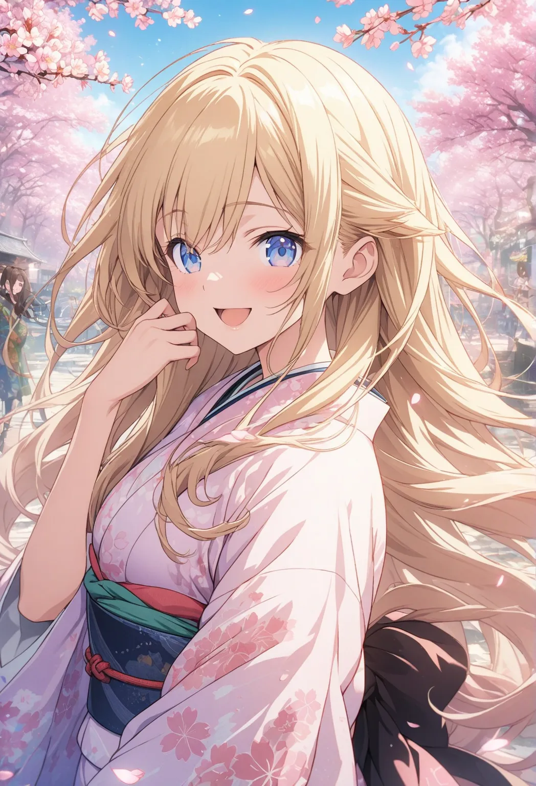 masterpiece, highest quality, Highly Detailed CG Unity 8k Wallpaper, 20 year old girl anime illustration. Attractive Poses、Close your eyes、is opening its mouth, smile.  The background is a pastel-colored landscape,  Blonde Color ,long hair、hair fluttering ...