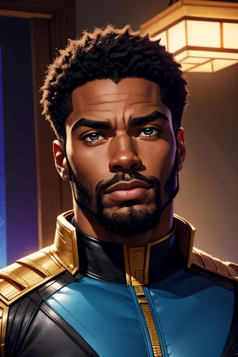 A handsome and well-built African American male whose facial features are a combo of Yahya Abdul-Mateen II + Rege-Jean Page + Nathan Mitchell + Christian Keyes. Symmetrical eyes. Symmetrical face. Comic-style realism animation mixed with digital painting. ...