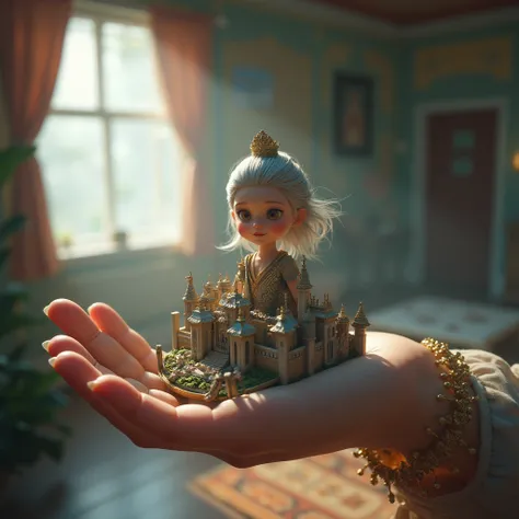 CG image of a small retro ancient city floating on the palm of a cute  wearing modern, neat silver hair and a silver crown。Superpowers。Dances as she rises。in her simple room that is astonished。
realistic texture。
opening image of the story、Fiction image、Vi...