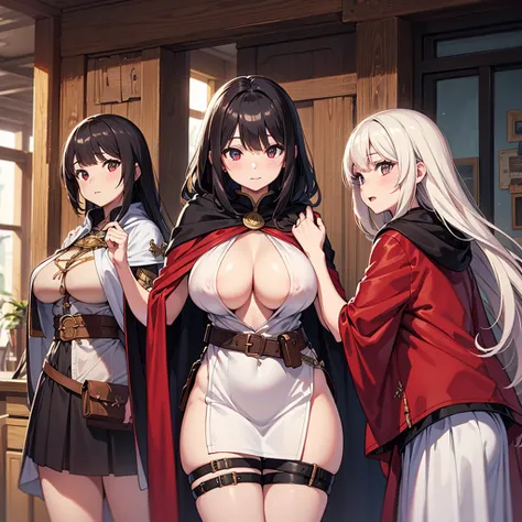 High quality, super detailed, best quality, highly detailed, beautiful, masterpiece, (group of girls), adult, harem, adventurer, fantasy, perfect anatomy, detailed outfit, detailed decoration, pouch, cloak, belt, big boobs, side boob, (under boob), white o...