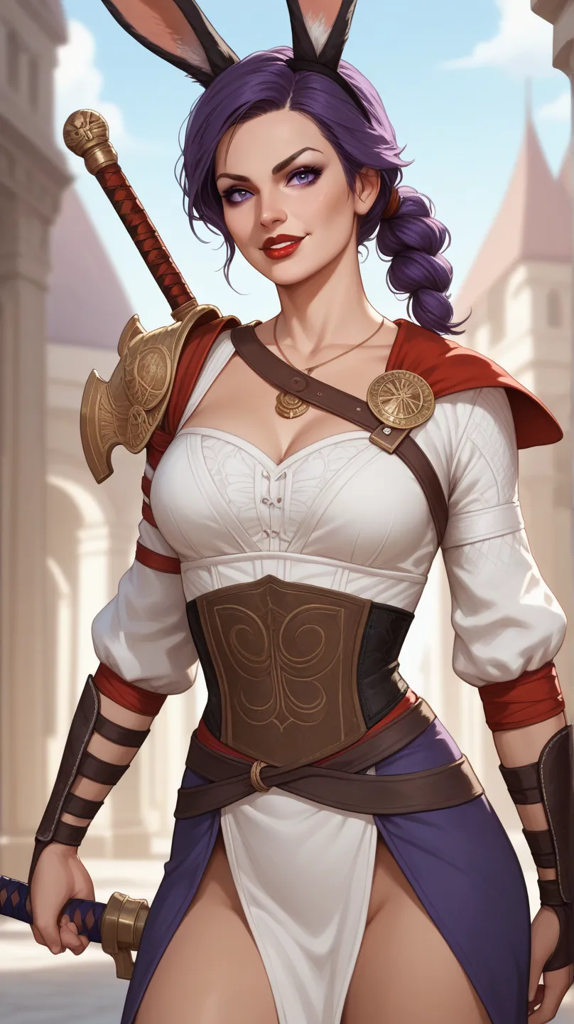 Assassin 17-year-old female rabbit,  height 167 cm , 84 cm chest ,  56 cm waist ,  hips 88 cm ,  short purple hair tied in a ponytail ,  purple eyes, rabbit ears, Red lips a cat's fang comes out of its mouth, Wear Assassin's Creed clothes and two daggers.