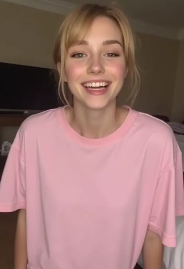 d1g1cam, amateur photo, Low-resolution photo, shot on a mobile phone, noticeable noise. young woman, late 20s casually dressed in an oversized pink T-shirt, happy expression, her blonde hair loosely tied back. Her face partially shadowed, minimal makeup vi...