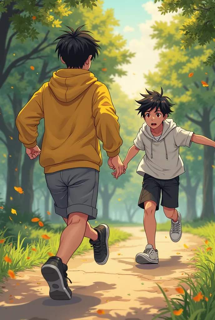 The young man wearing a yellow hoodie and gray shorts is running away in a park, looking over his shoulder with an exhausted expression. The young man with messy black hair, sparkling red eyes, wearing a loose white shirt and black shorts, is chasing after...